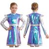 Girls Halloween Alien Cosplay Costume Outer Space Cutie Shimmering PU Patchwork Dress Party Wear