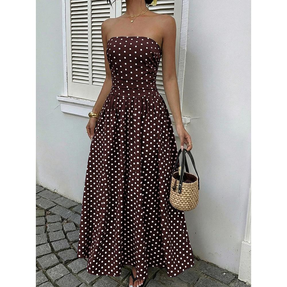 Damen Gepunktete Trägerlose Sommerkleider, Elastischer Rücken Gerafft Strandurlaub Outfits Vintage Elegant Maxikleid