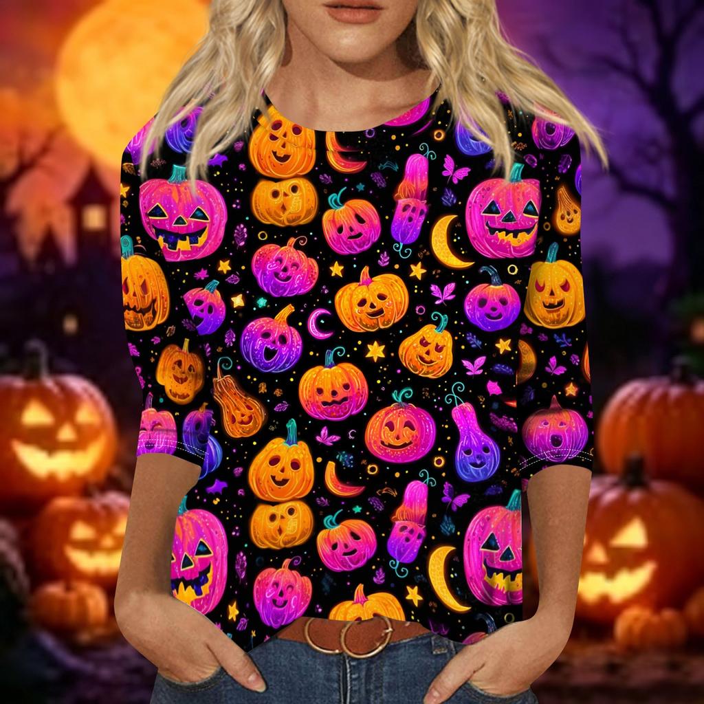 Women's Casual Halloween Print 3/4 Sleeve Round Neck Top for Holiday Party