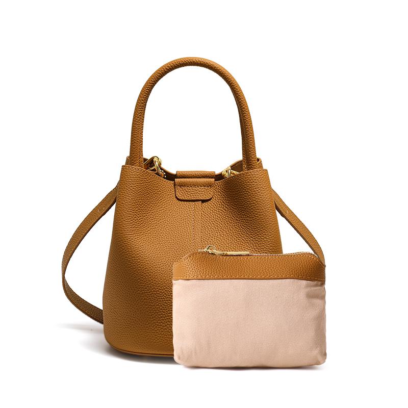 Genuine cowhide lychee pattern women's handbag with single shoulder strap, large capacity, mother-child bag, bucket bag