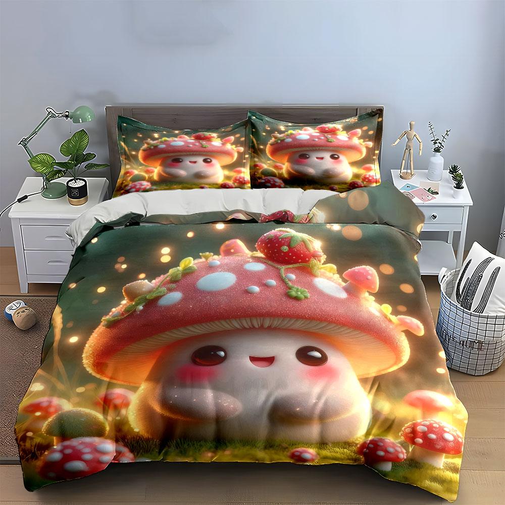 Cute Mushroom Trio Home Decoration Bedding Set With 1 Duvet Cover 2 Pillowcases Single Double King Queen, Gift
