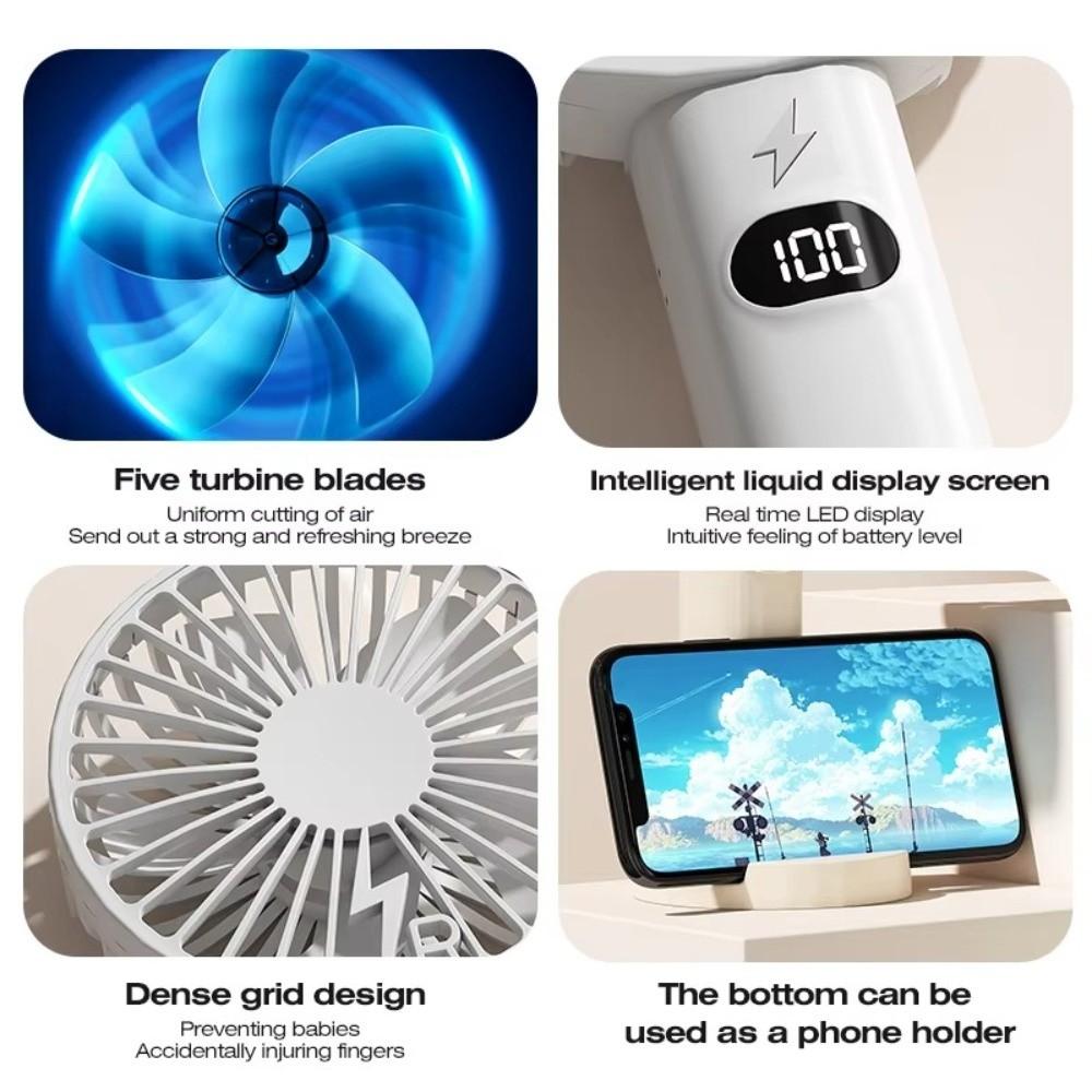 LCD Display Mini Fan With Phone Holder 5-Speed Wind Desk Fan Portable Charging Fan