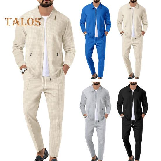 Conjunto de 2 piezas para hombre, con solapa, manga larga, cremallera, abrigo, cintura elástica, cordón ajustable, pantalones largos