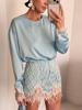 Fashion Solid Color Satin Pearl Mesh Two Piece Set Trendy Long Sleeve Lace Trim Top Fringe Mini Skirt Woman Party Bridal Outfit