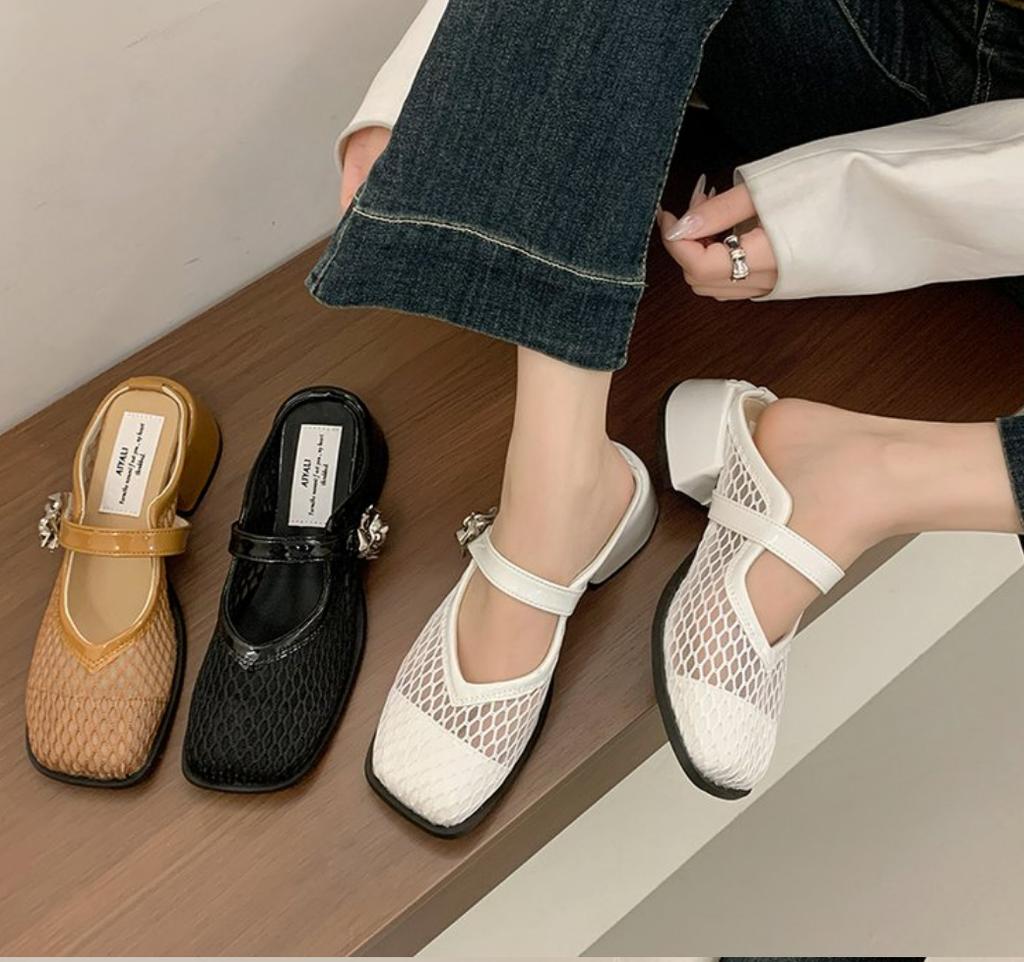Fashion 2025 Summer Breathable Mesh Hollow Mules Slippers Women Square Head Mary Jane Shoes Women Chunky Heels Square Head Half Slippers