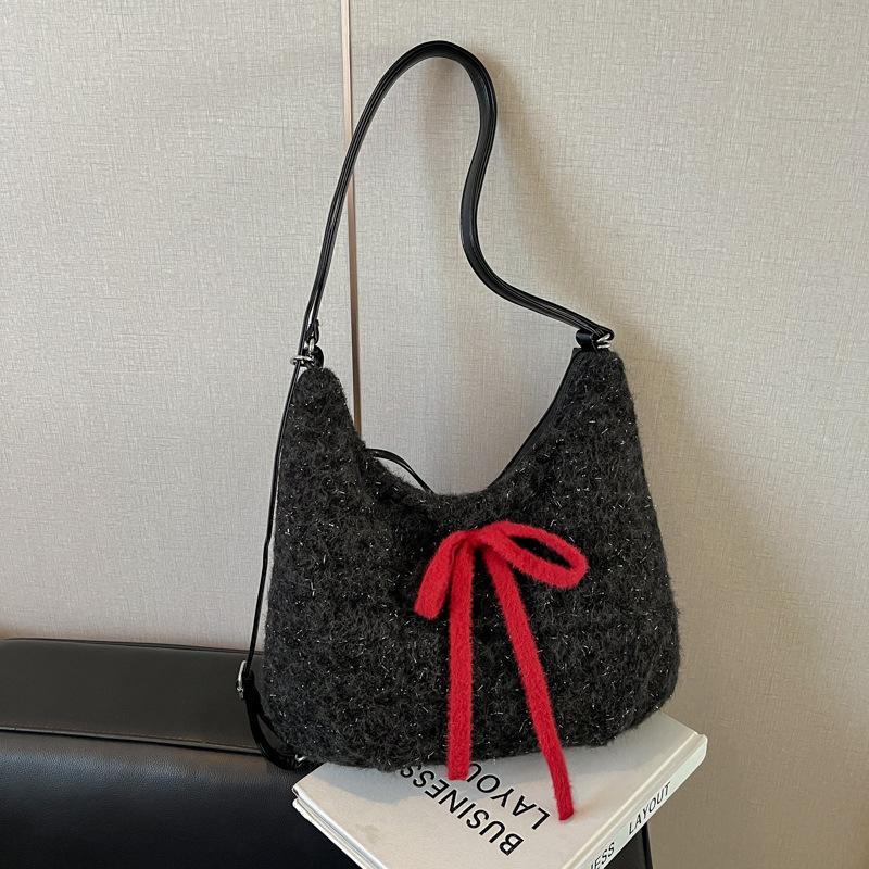 Red plush commuter tote bag women's large-capacity new bow shoulder bag backpack