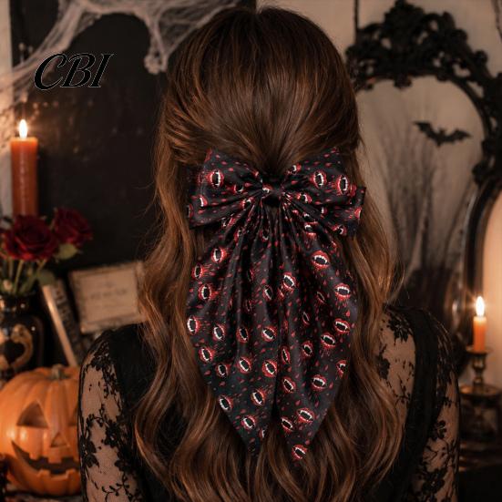 Stylish Halloween Hair Ornaments Large Bows for Women Girls, Vintage Ribbon Barrette Clips with Long Cute Retro Tails, Ghost/Pumpkin/Blood Mouth Print