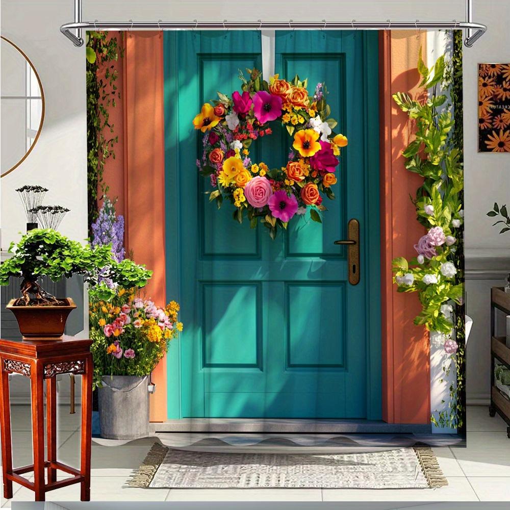 

1Pc Floral Door Wreath Shower Curtain, Vibrant Indoor Decor, Polyester Fabric, Bathroom Elegance, Cheerful Floral Design, W60H190(CM)-1 Pcs