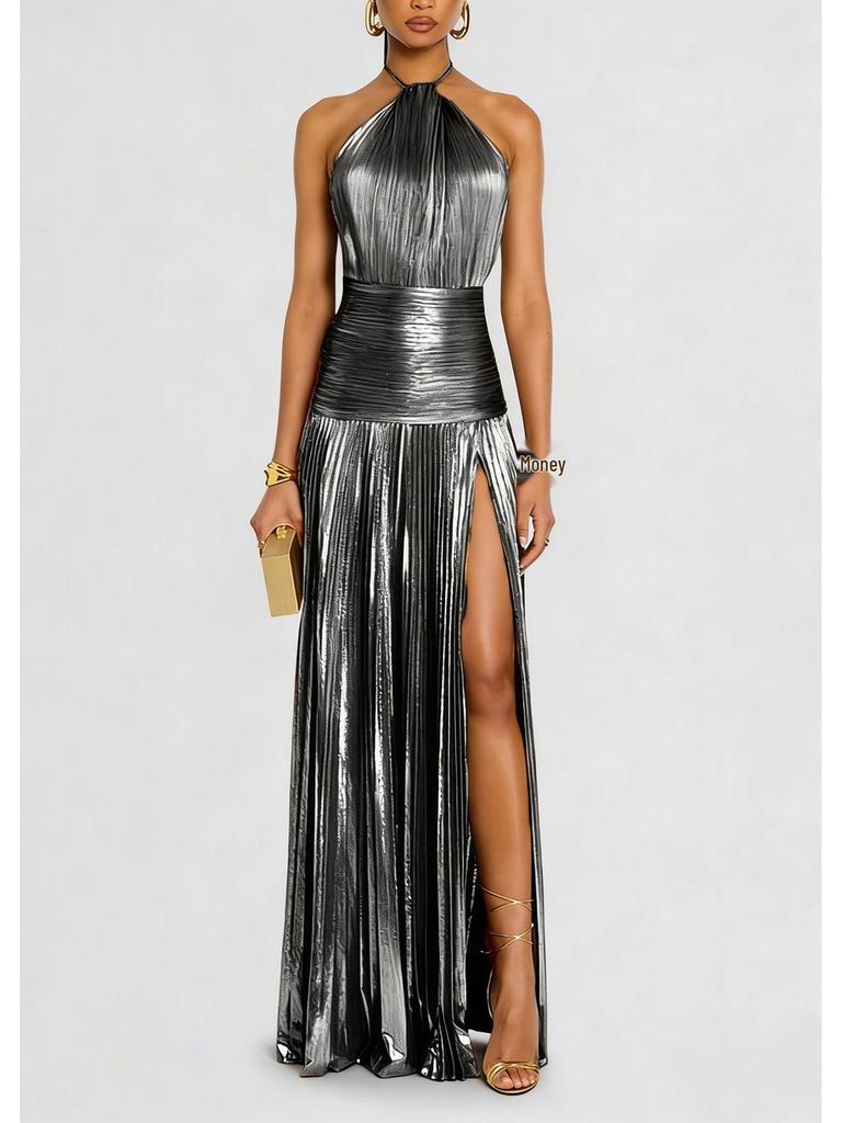 European and American Women's Metallic Pleated Slit Halter Dress Sleeveless Backless Lace-Up 8155