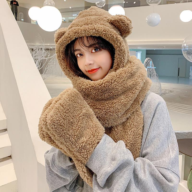 Bear Ear Hat for Women In Autumn and Winter Versatile Cute Scarf with Hooded Korean Style Ear Protection and Warm Couple