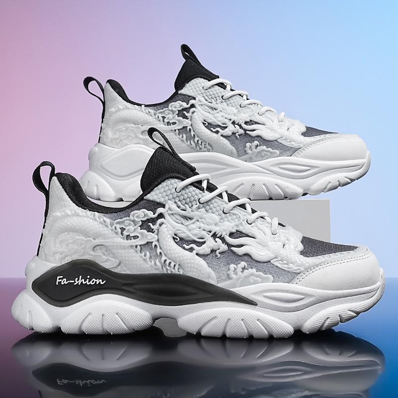 China-Chic Men's Shoes Breathable Mesh Versatile Casual Sports Running Anti Slip Shock Absorbing Elevated Red Dad Fashion