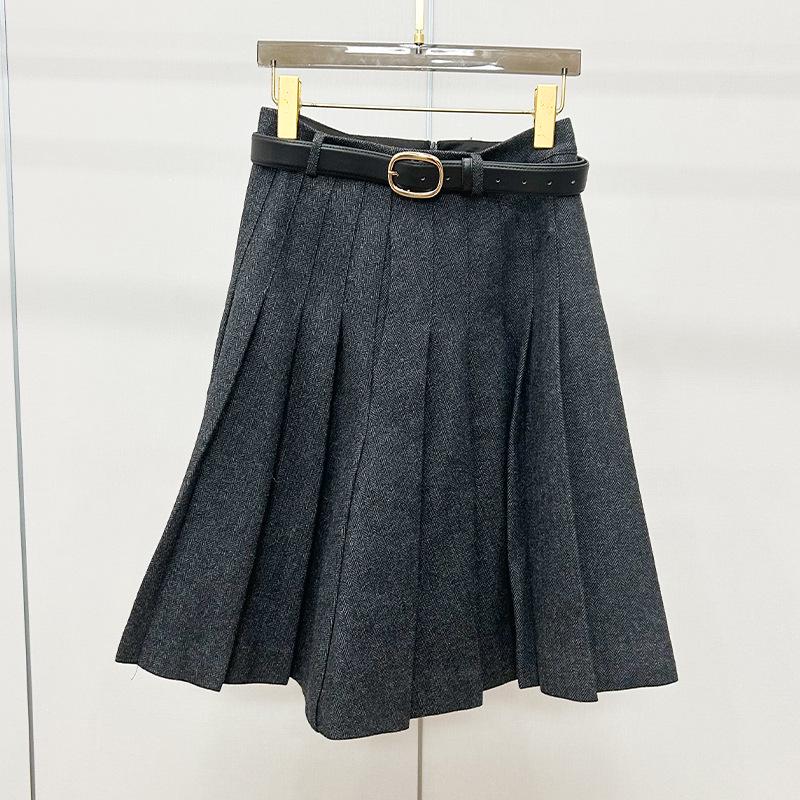 

Spring 2026 Women s High-Waist Gray Wool Pleated Skirt Set, Slimming A-Line Mid-Length Skirt M серый