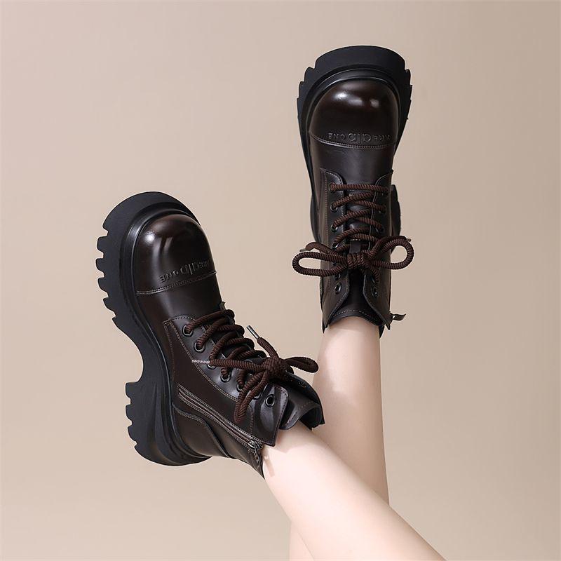 Britische Stil Damen Schwarz Martin Stiefel - Herbst/Winter 2025, Mit Dickem Absatz, Höhensteigernd, Samtgefüttert.