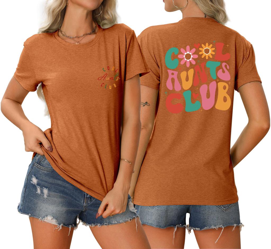 Summer new Womens round neck cool aunts club front and back printed Tshirt loose casual shortsleeved top with a stylish pullo