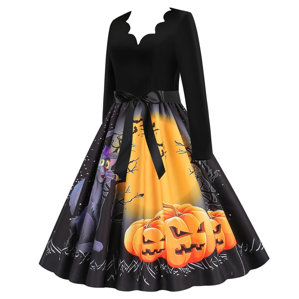 Women's Casual Halloween Printed V-Neck Zip-Up Long Sleeve Panel Swing Dress