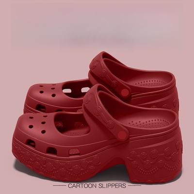 Zoccoli da Donna con Tacco Piattaforma e Rose in Rilievo Color Borgogna, Sandalo a Zoccolo in EVA con Cinturino Regolabile e Lavorazione a Traforo, Scarpe da Donna