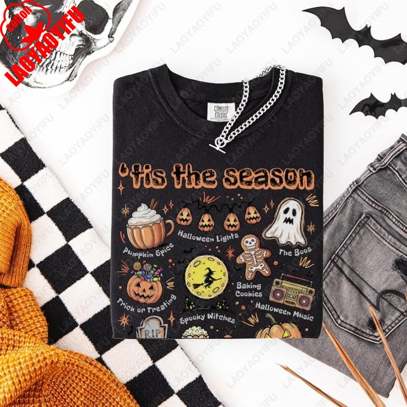 

Tis The Season Halloween T-Shirt Spooky Ghost Witch Pumpkin Graphic Shirts Retro Style Woman Cotton Breathable Short-sleeve Tees 4XL