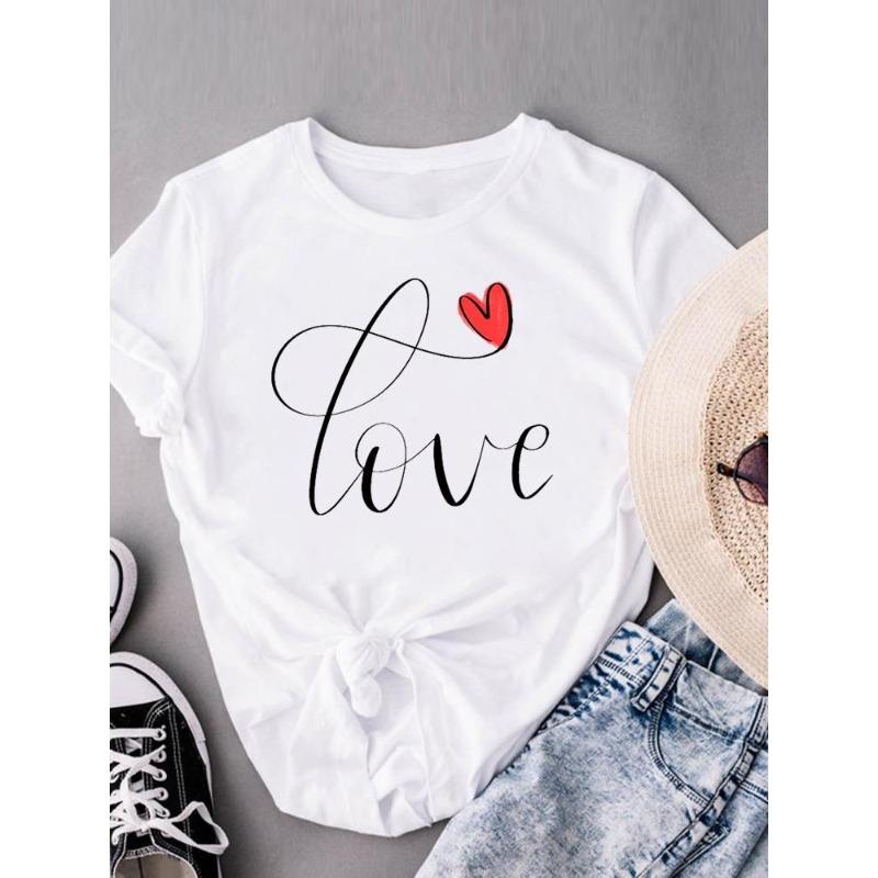 (European Size) Sweet Love Heart Women Tee Top Style Trend Cute Clothing Casual Short Sleeve Fashion Print Lady Tshirt Female Graphic T-shirts