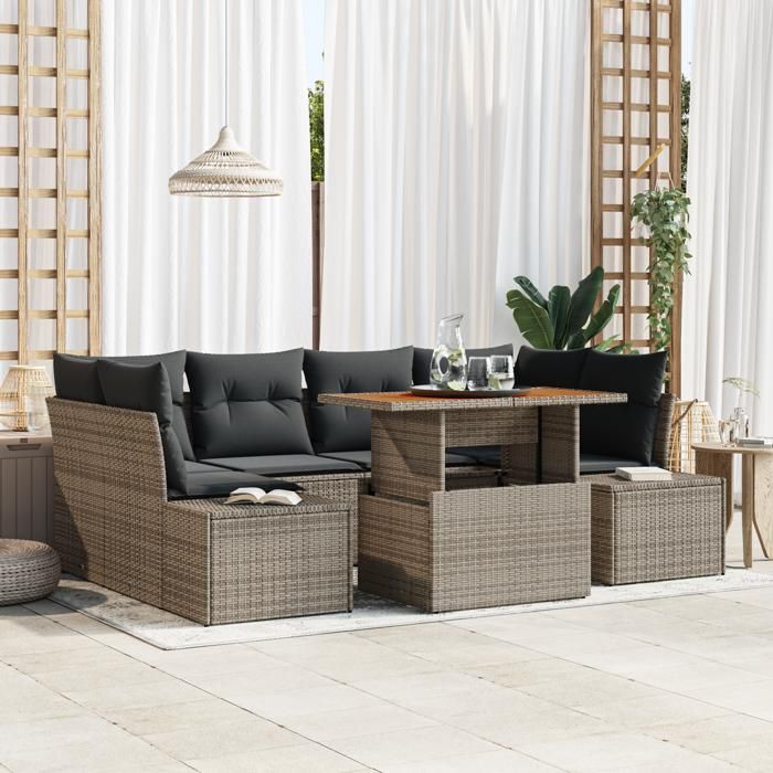 VidaXL Ensemble de salle à manger de jardin 7 pièces avec coussins en poly rattan gris et acacia 3349915