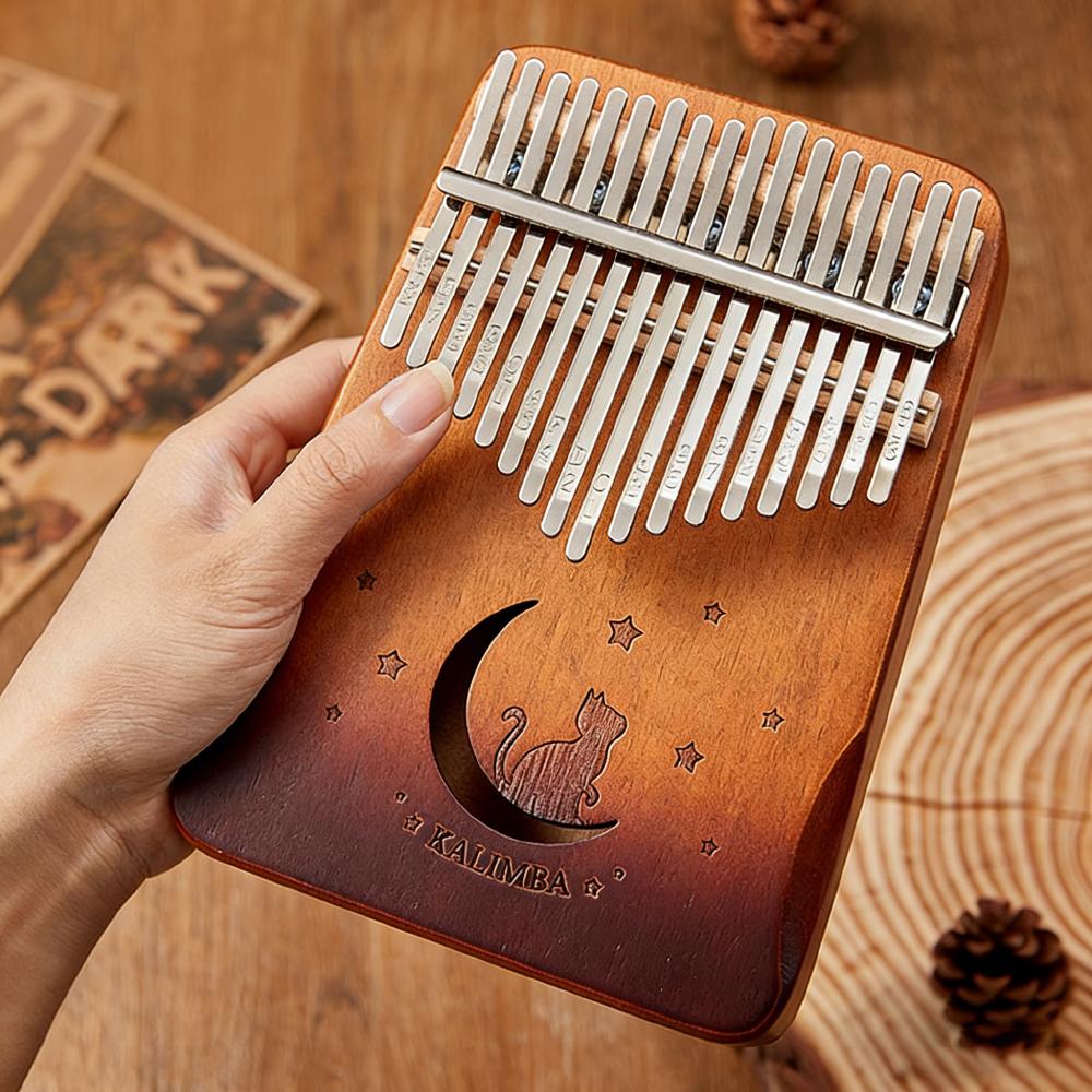 17 key Mahogany Kalimba 21 Key Thumb Piano Finger Piano for Beginner Cat Moon Mbira Gifts for Adults/Kids