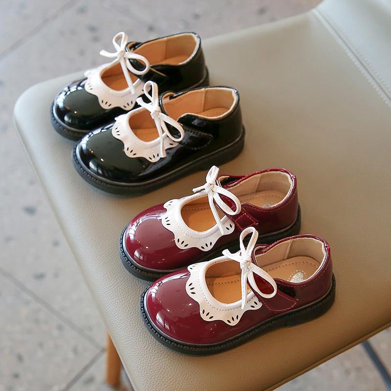 Herbstmädchen Mary Janes Rüschen Schleife Schwarz Weinrot Kinder Lederschuhe Flach Süß Niedlich Flexibel Kinder Flachschuh 21-35
