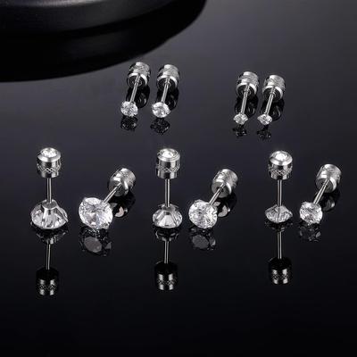 6 Pairs Screw Back Stud Earrings Set Surgical Stainless Steel Double Sided Round Cubic Zirconia Earrings for Women Men