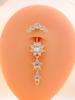 Gold Stainless Steel Long Dangle Flower CZ Belly Button Ring for Women