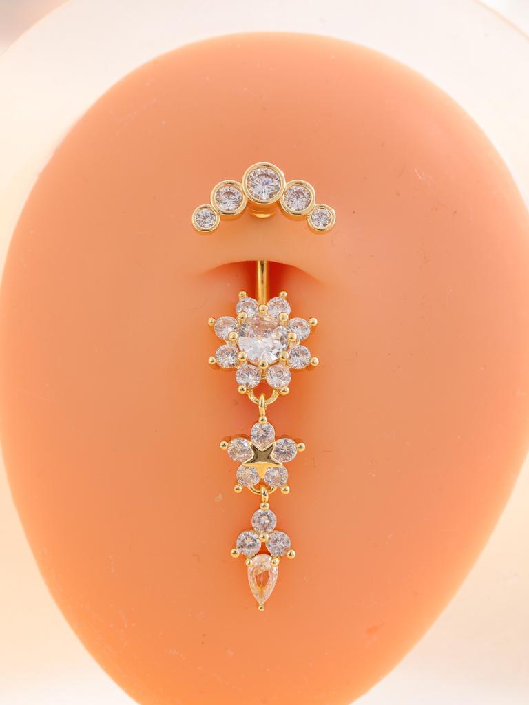 Gold Stainless Steel Long Dangle Flower CZ Belly Button Ring for Women