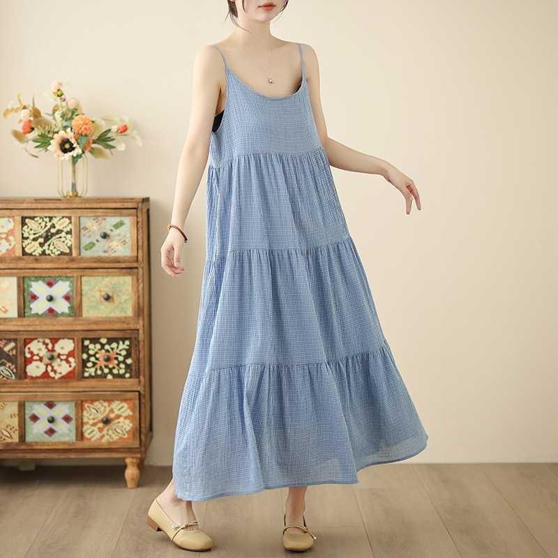 Dam Blå Hängselkjol Havsfräsch och Mild Rutig Lös Ärmlös Klänning Dam