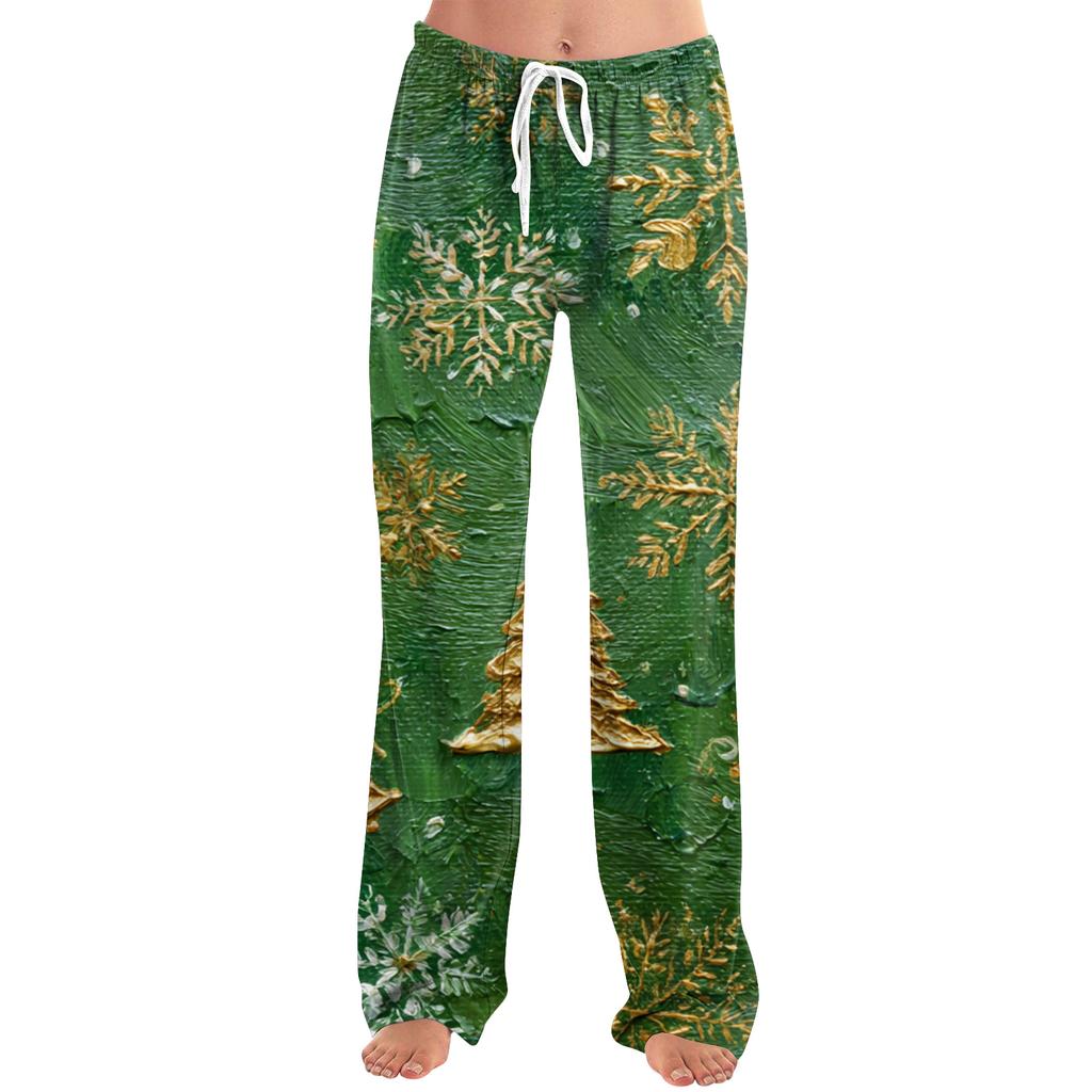 Ladies' Loose And Casual Christmas Printed Wide Leg Pants With Elastic Waistband Drawstring And Pocket Pants