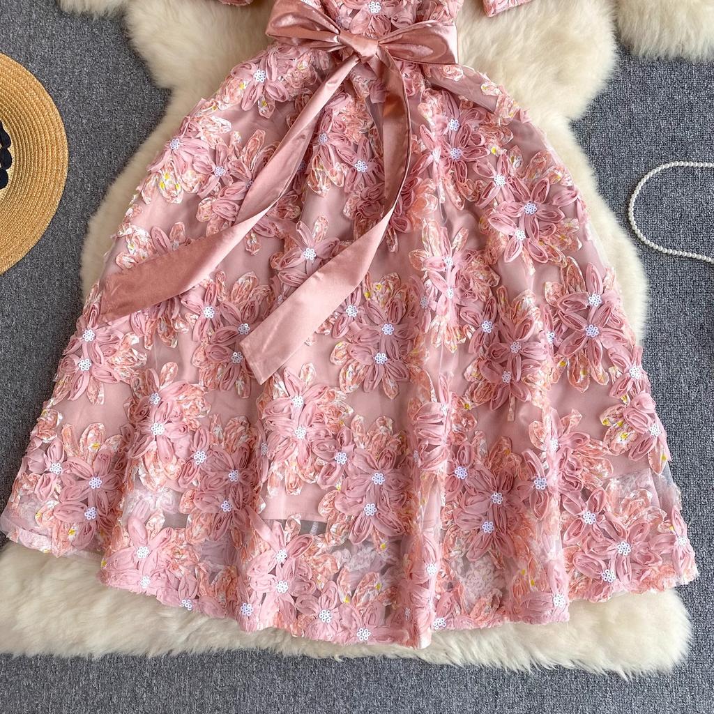 Femei de vară, elegantă, roz, cu paiete, broderie florală, plasă, rochie de prințesă, dulce aniversare, petrecere de seară, rochii de bal