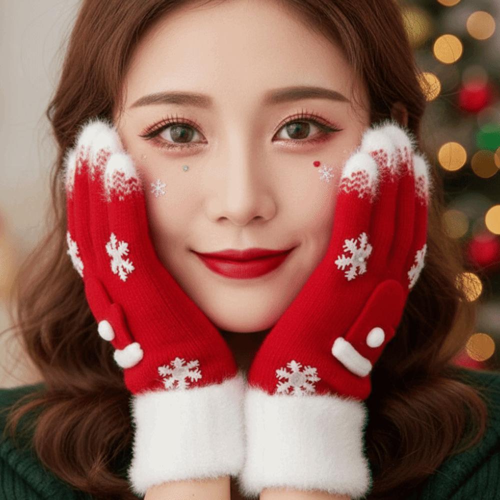 Red Green Christmas Gloves Plush Cuff Full Finger Gloves Winter Knit Mittens  Gift Giving