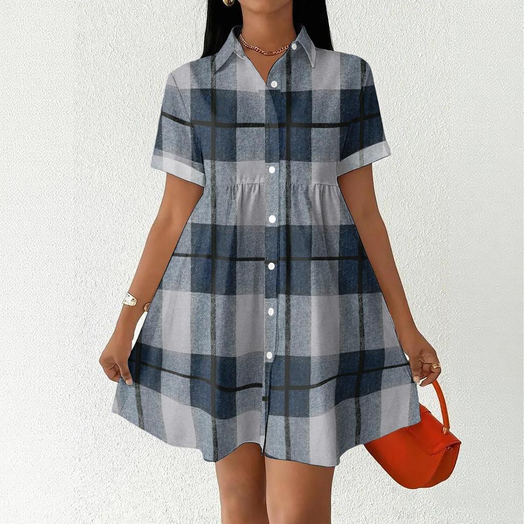Women Casual Loose Fit Shirt Dress Button Front Short Sleeve Collared Dress Lightweight Plaid Pattern Summer Dress