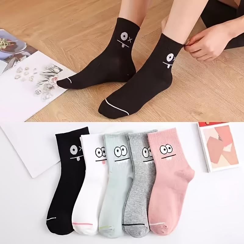 5 Pairs Fun Print Women's Socks - Korean Style Mid-Calf Trendy Cute Cartoon Breathable Comfort Casual Socks