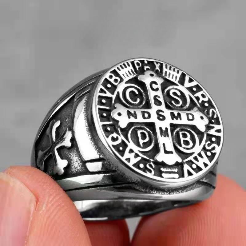 Anillo Cruz Acero Inoxidable Anillos Con Brújula Vikinga Para Hombre, De Acero Inoxidable, Vintage Anillo Escudo Cristiano Talla 10