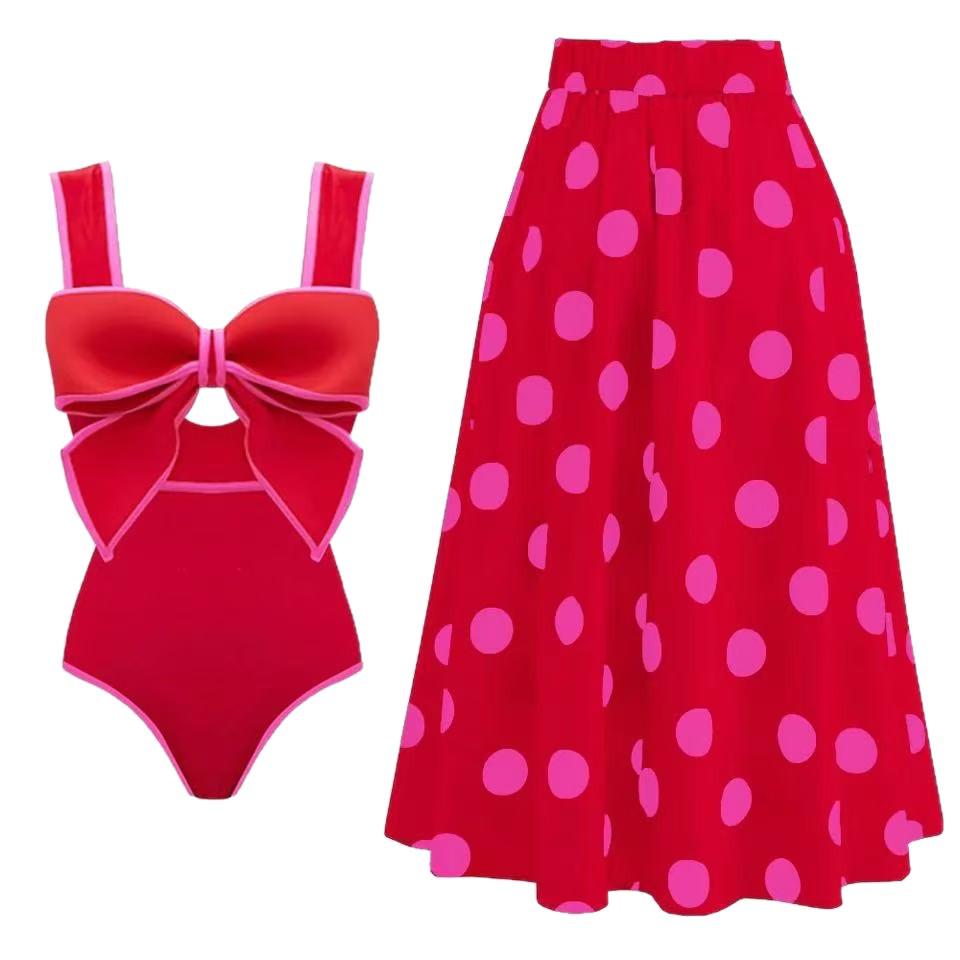 Südostasiatischer Retro-Jumpsuit mit Schleife: Bauchbedeckender, Schlankmachender Badeanzug mit Rock-Stil für den Strand.