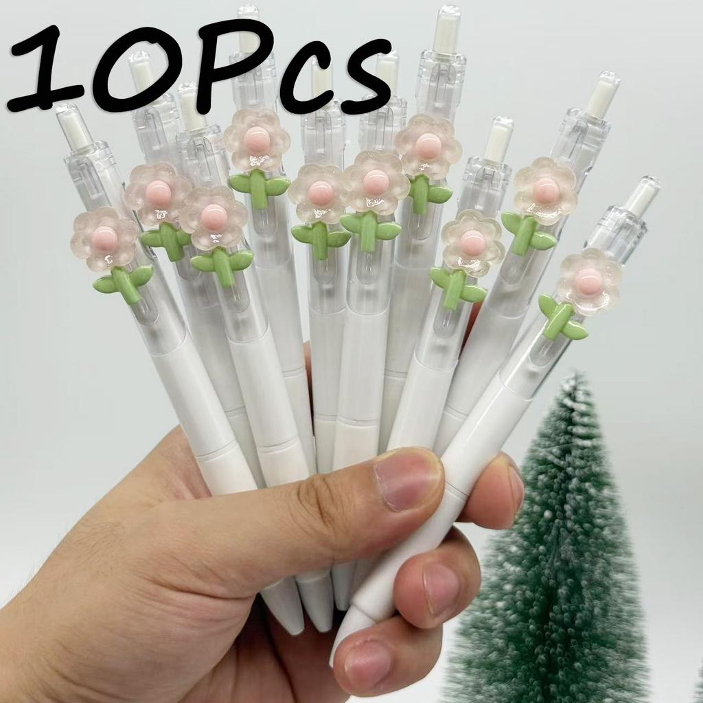 10Pcs Flowers Patch-Themed Retractable Ballpoint Pens - White Soft Grip Pens with Random Flowers Designs, Fine Point, Ideal for Students and Office Us