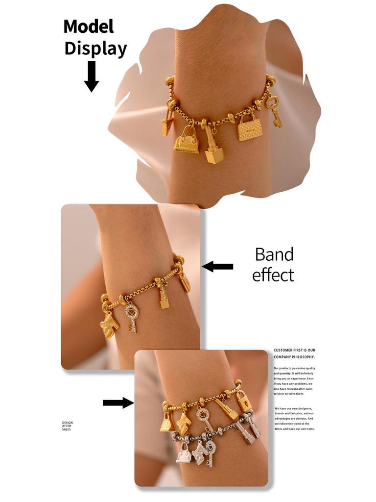Trendy European-American Multi-Element Rhinestone Pendant Bracelet, Adjustable Retro 18K Gold-Plated Titanium Steel Jewelry