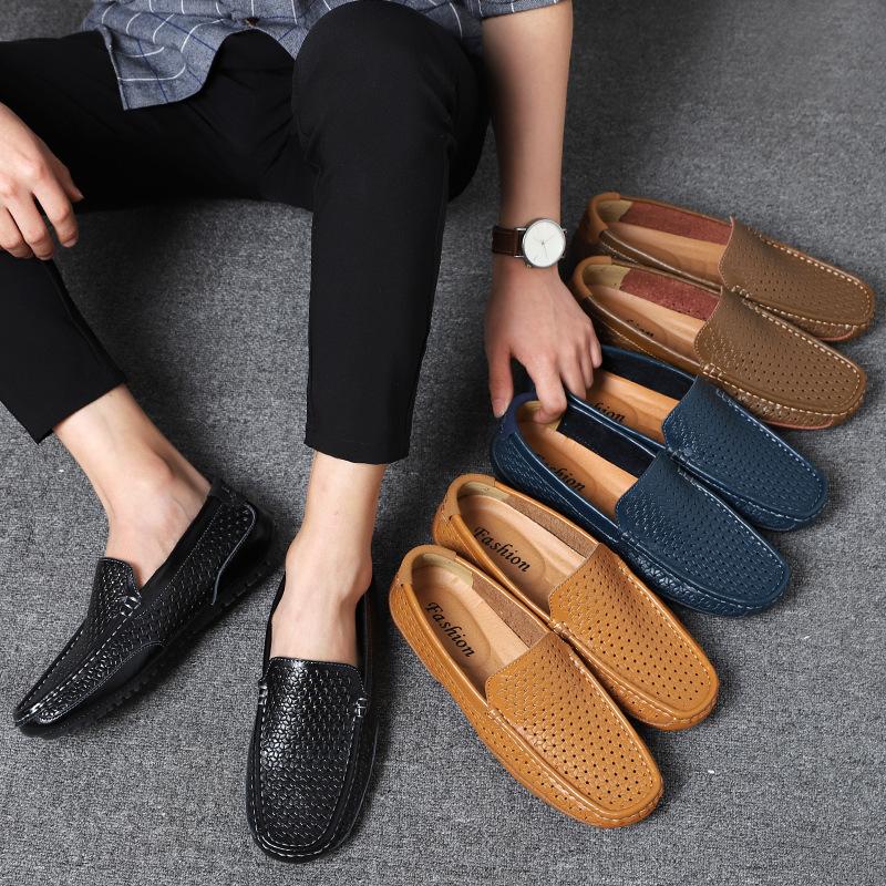 Large size summer new men's Doudou shoes breathable Korean version hollow leather casual leather shoes versatile lazy shoes