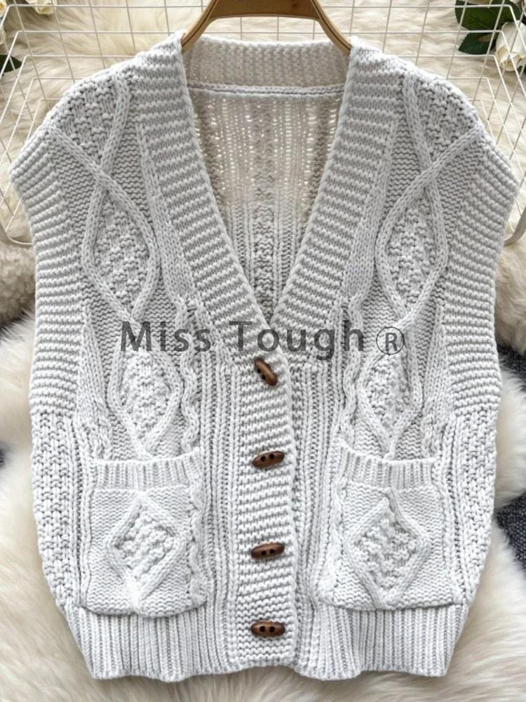 Høst Vintage Senior Strikket Cardigan Kvinner Chic Design Ermeløs Enkeltspent Topper Kvinnelig Casual Pretty Løse Klær Ny