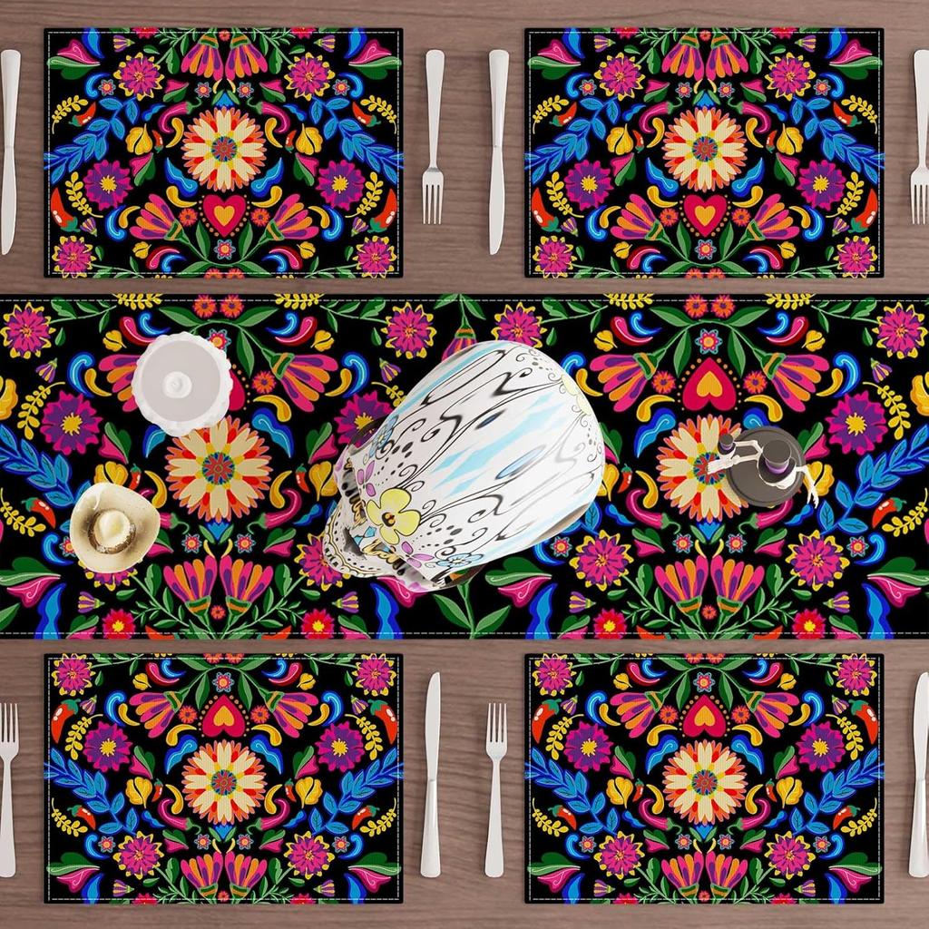 Colorful Flowers Peppers Dia De Los Muertos Cinco De Mayo Day of The Dead Placemats Set of 4 Table Mats for Party Home Kitchen Dining Table Decoration
