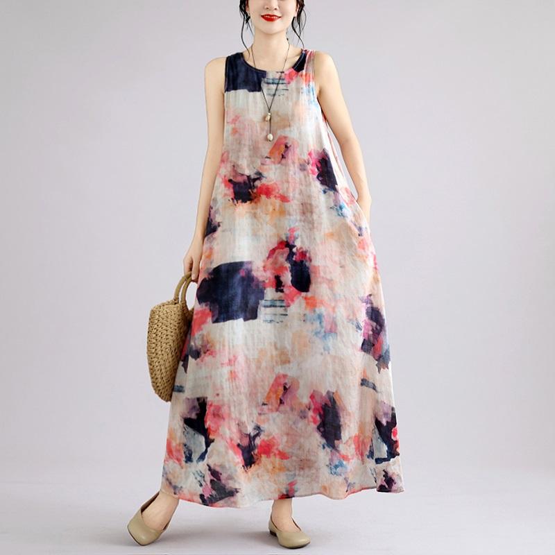 Sleeveless Plus Size Cotton Vintage Floral New In Dresses for Women Casual Loose Long Summer Dress