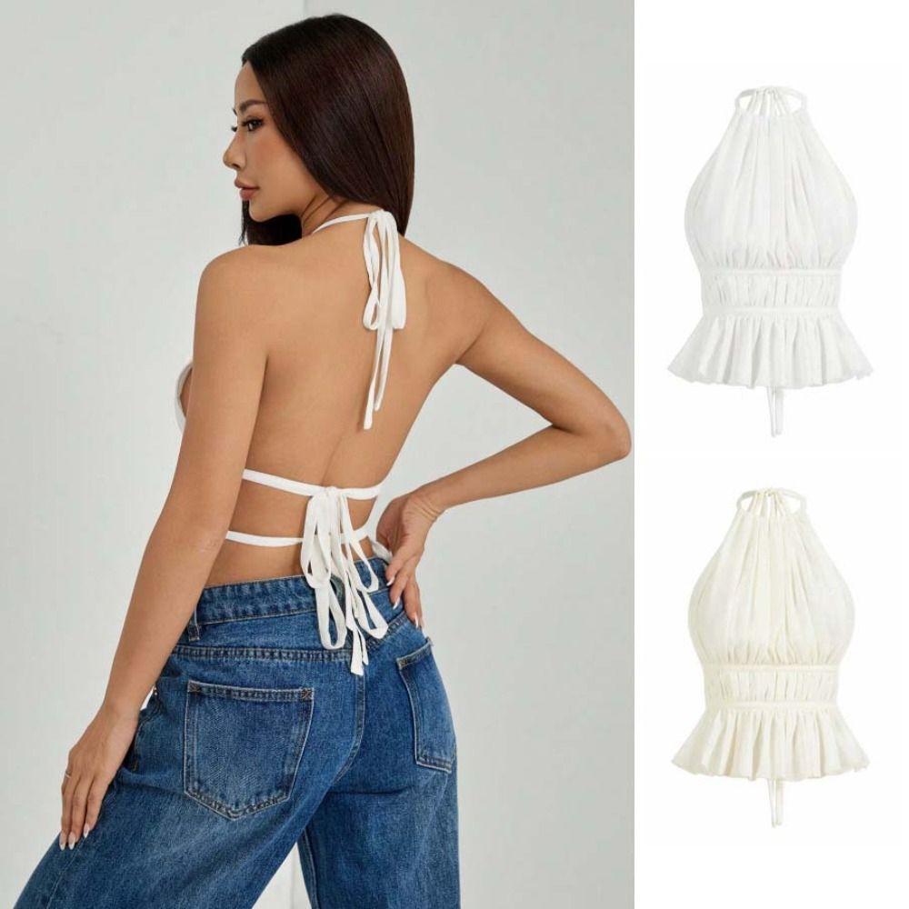 Sleeveless Chiffon Vest Tops Halter Women's Crop Top Fashion Lace-up Camisole  Beach