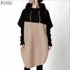 ZANZEA Women Hoodies Casual Patchwork Long Sleeve Hooded Sweatshirt Dress