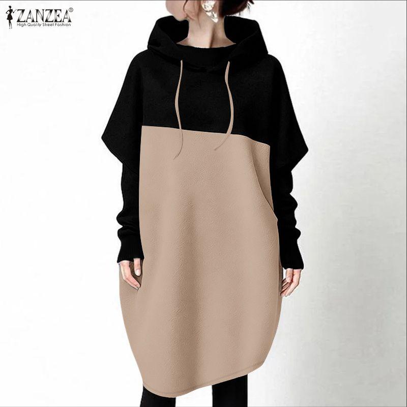 ZANZEA Women Hoodies Casual Patchwork Long Sleeve Hooded Sweatshirt Dress