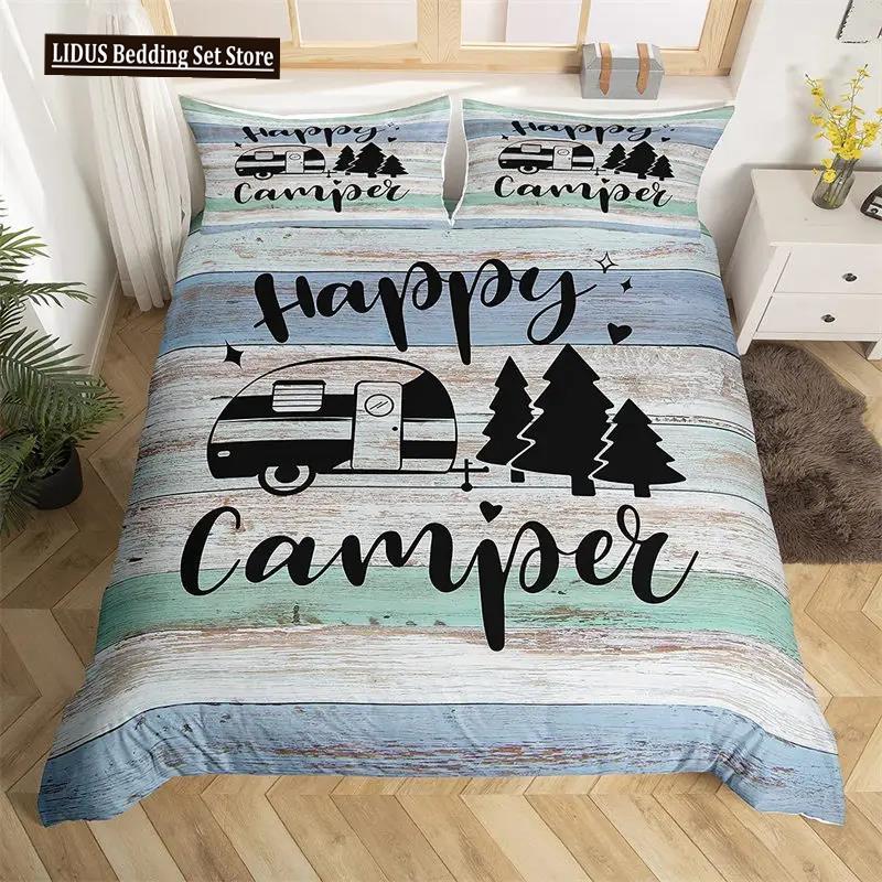 Šťastné kempování Povlak na přikrývku Queen Kreslený Karavan Kempingová Ložní souprava Styl Farmy 3D Obal na přikrývku Camper s povlaky na polštáře