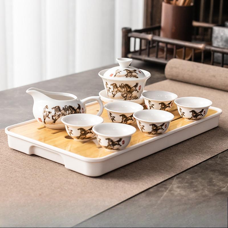 

Набор для чая Кунг-фу Домашний Простой Набор для гостиной из керамической чаши с крышкой, чайной чашки, подноса, подноса для чая с резервуаром для воды, тарелки Диамин