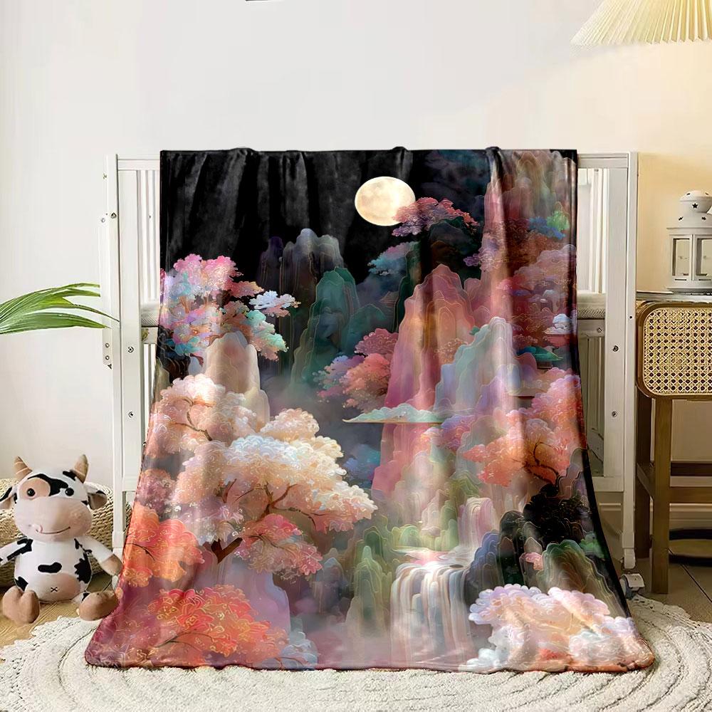 

Dreamlike pastel-colored mountains, trees, waterfalls, and a glowing moon. for all seasons blanket lunch break throw gift 80cm x 120cm