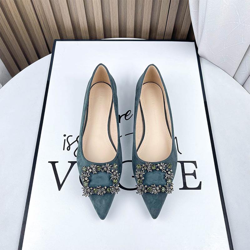 - Flat shoes women's summer black velvet professional pointed temperament rhinestone suede single shoes professional versatile soft sole