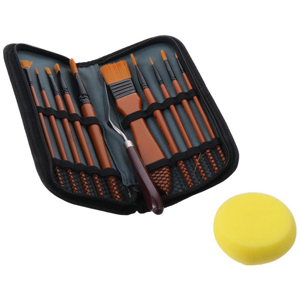 Wood 10 Pieces Paint Brush Set Composed of Orange and Black 23*9.5cm 1 Paint Spatula with Brush Case For Acrylic